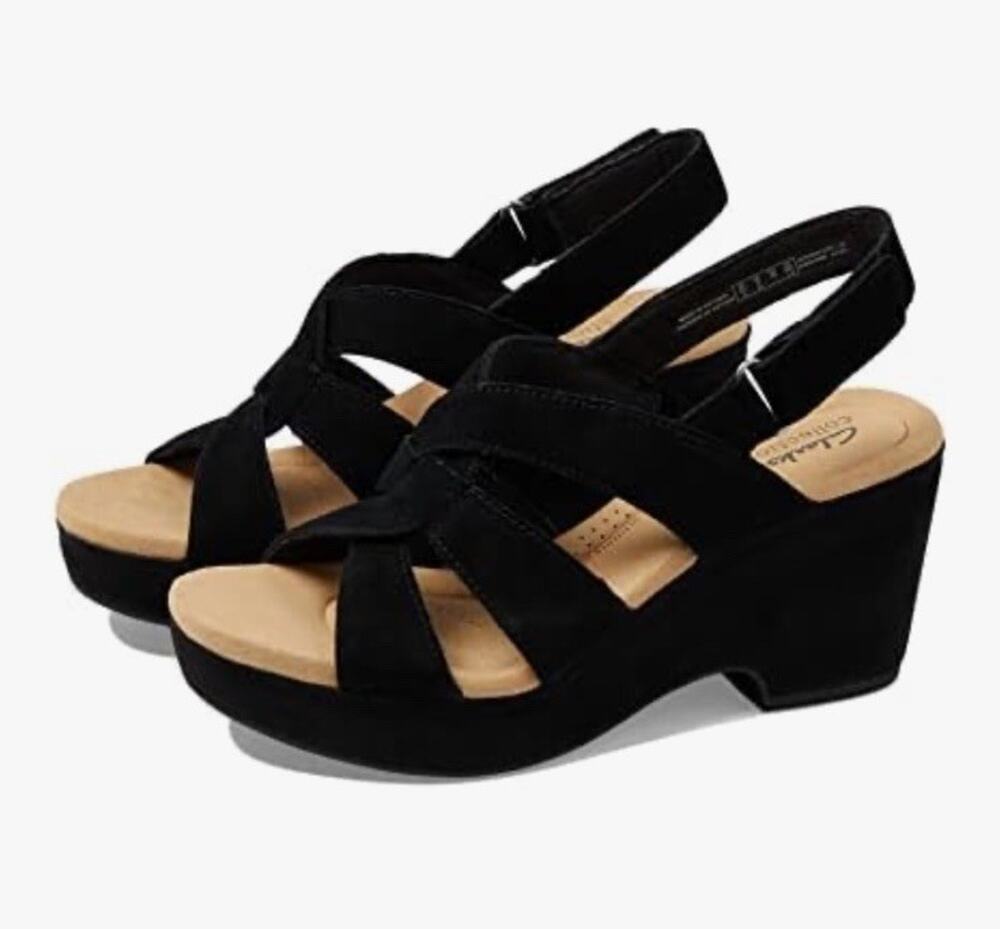 Clarks Wedge Sandals 9 Black Suede Strappy Open Toe Slingback Platform Heels NEW
